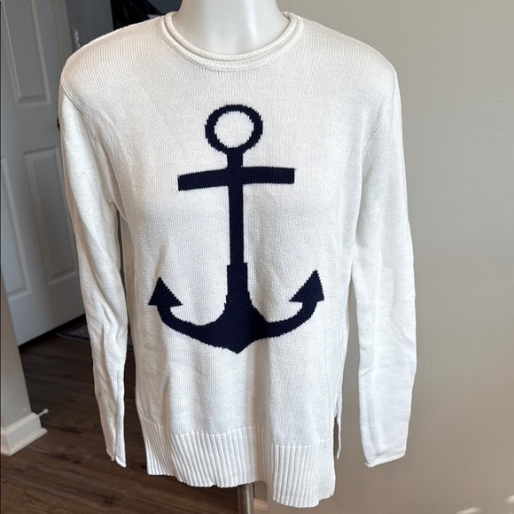 C&C California XS Navy Anchor Nautical White Sweater - Picture 1 of 9